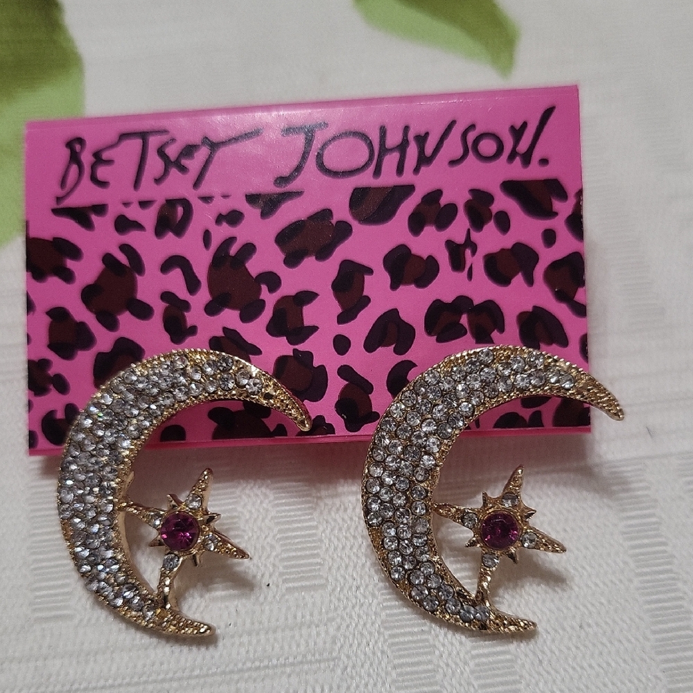 Betsey Johnson Gold and Pink Crescent Moon And Star Earrings
